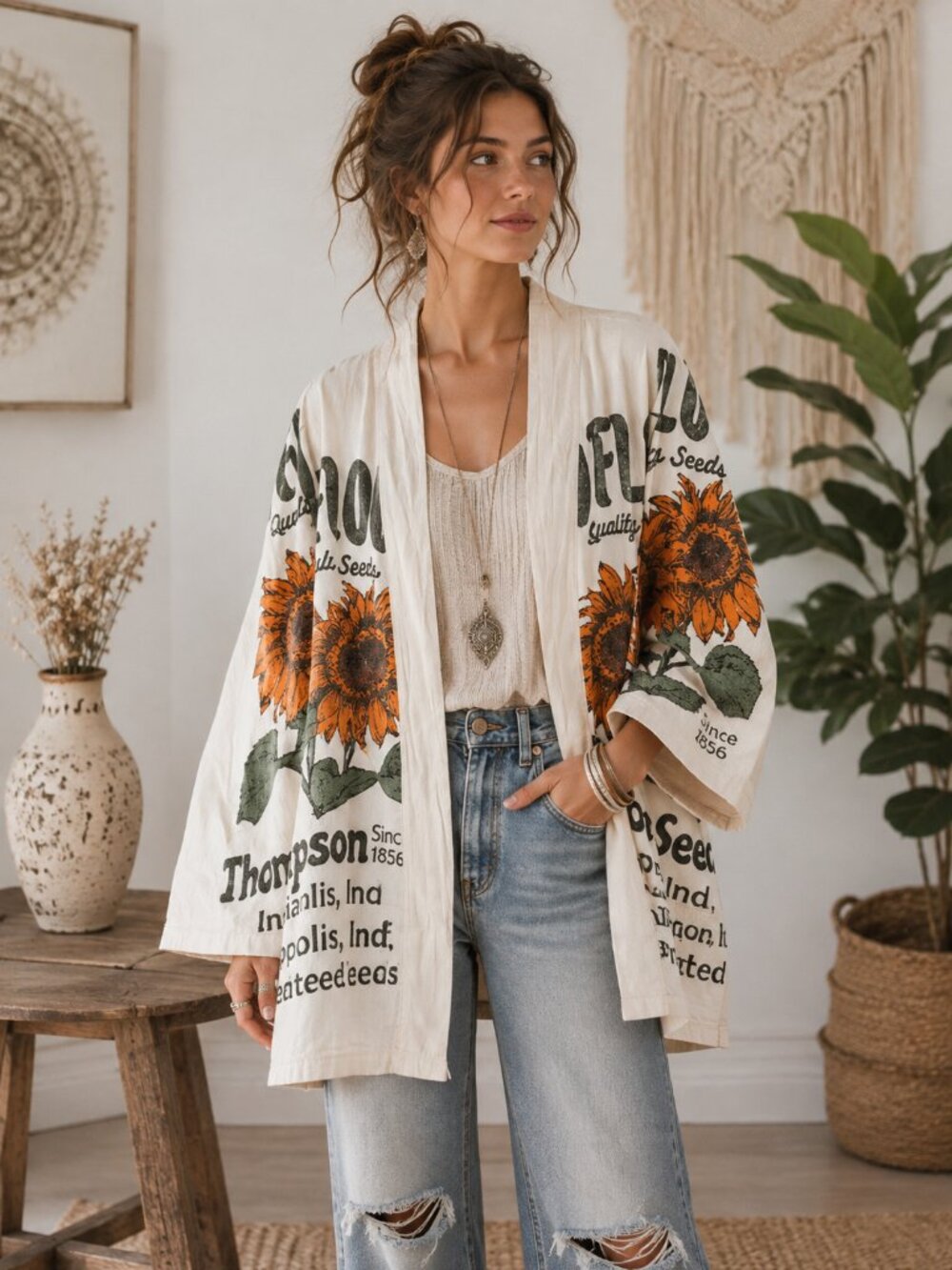 Upcycled Vintage Sunflower Seed Sack Kimono Jacket White & Orange 0S